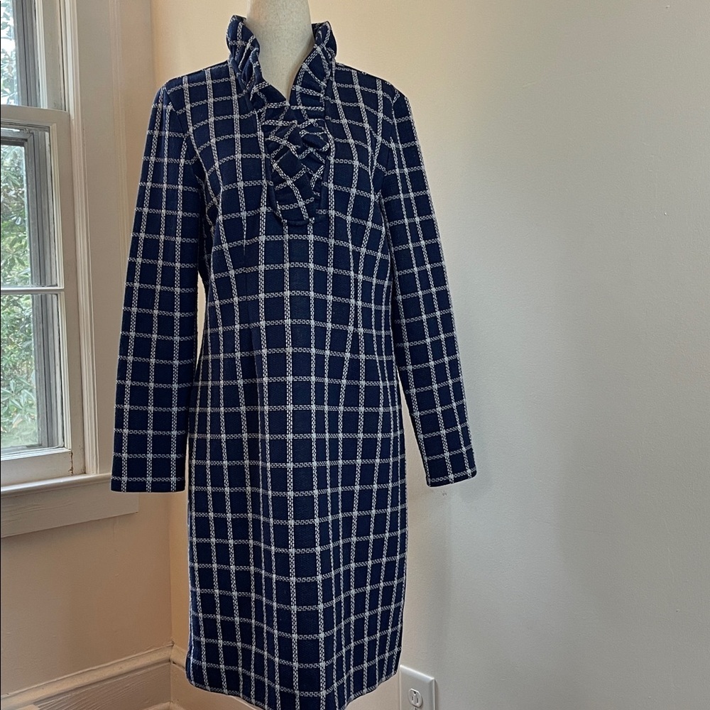 Tyler Boe Windowpane Check Dress Blue/White, V-Neck, M